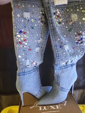 Denim  Light Blue Rhinestone Embellished Denim Stiletto Ankle Boots